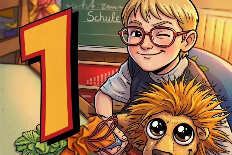 Illustration eines blonden Jungen mit Brille im Klassenzimmer, der einer plüschigen Löwen- oder Monsterfigur den Arm umlegt, während im Vordergrund eine große, gelbe Zahl Eins steht.