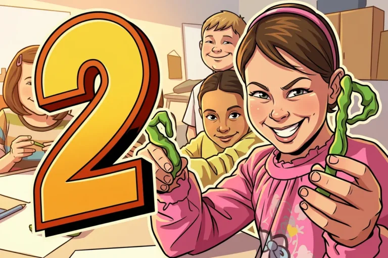 Illustration einer Gruppe von Schulkindern im Klassenzimmer, bei der ein Mädchen im Vordergrund zwei grüne Knetfiguren hochhält, neben einer großen gelben Zahl Zwei.