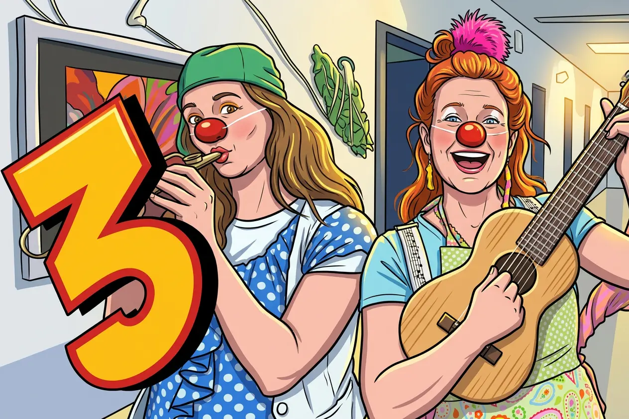 Illustration von zwei lachenden Clowns mit roten Nasen auf einem Flur, von denen eine Frau Gitarre spielt und die andere auf einer Tröte bläst, neben einer großen gelben Zahl Drei.